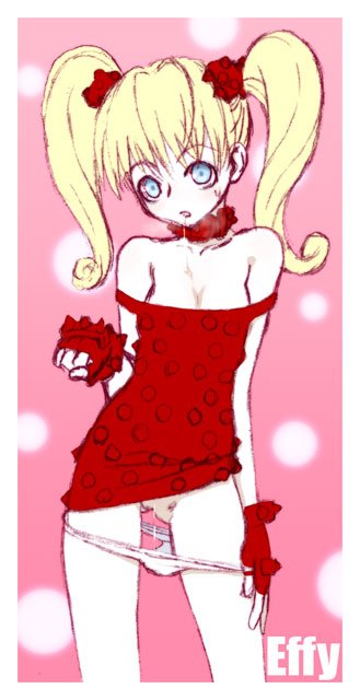 royalwatts, effie (street fighter), capcom, street fighter, 1girl, blonde hair, blue eyes, camisole, drugged, empty eyes, female focus, flat chest, gloves, long hair, mind control, panties, panty pull, pussy, pussy juice, pussy juice trail, saliva, saliva trail, solo, twintails, uncensored, underwear