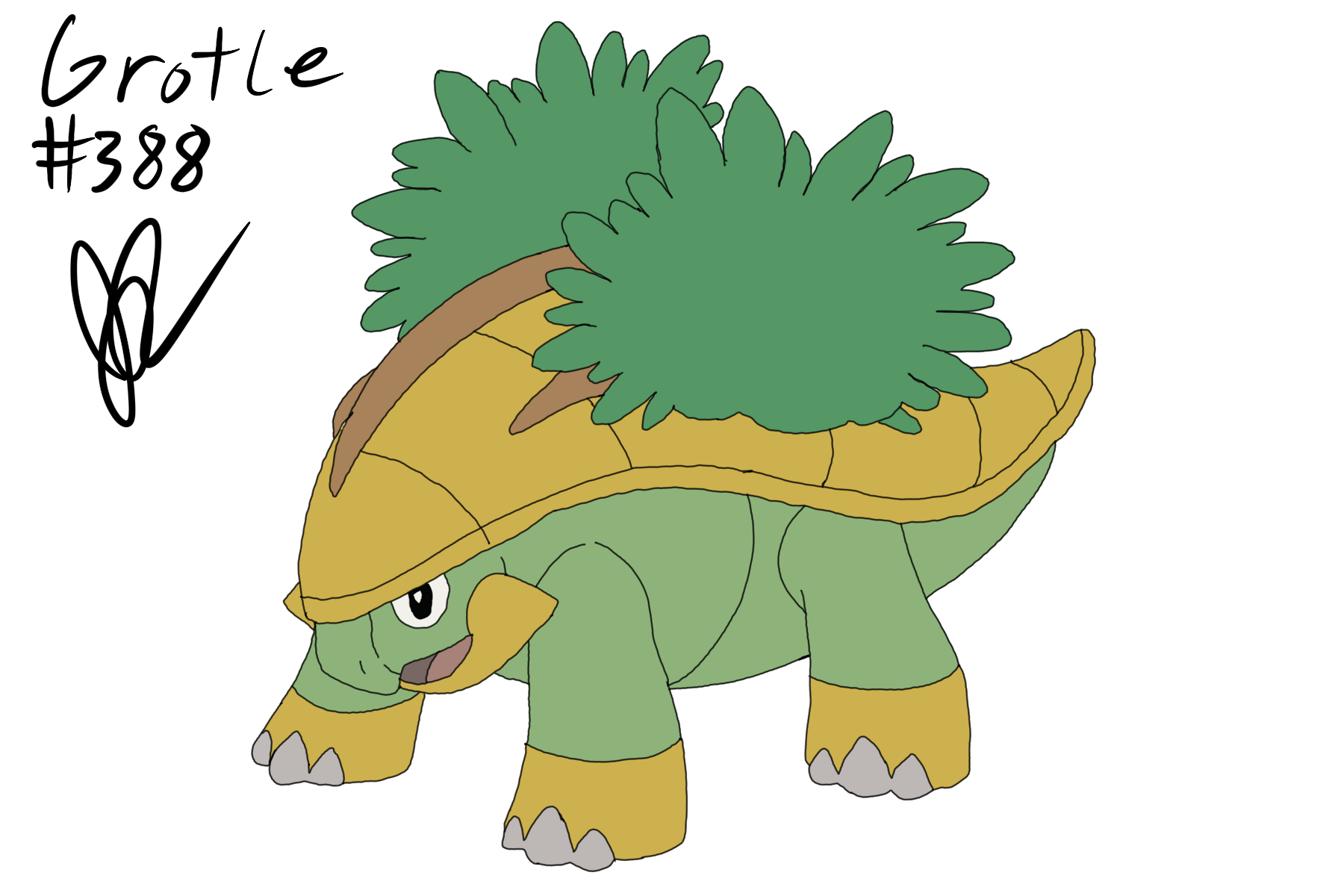 grotle, nintendo, pokemon, highres, procreate (medium), character name, flat color, gen 4 pokemon, josephdrawss, no humans, numbered, open mouth, pokemon (creature), signature, simple background, solo, white background