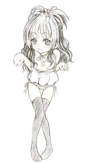 royalwatts, yuuki mikan, original, to love-ru, 00s, :3, blush, breasts, camisole, choker, flat chest, legs, long hair, panties, pantyhose, ribbon, side-tie panties, sketch, solo, thighhighs, underwear