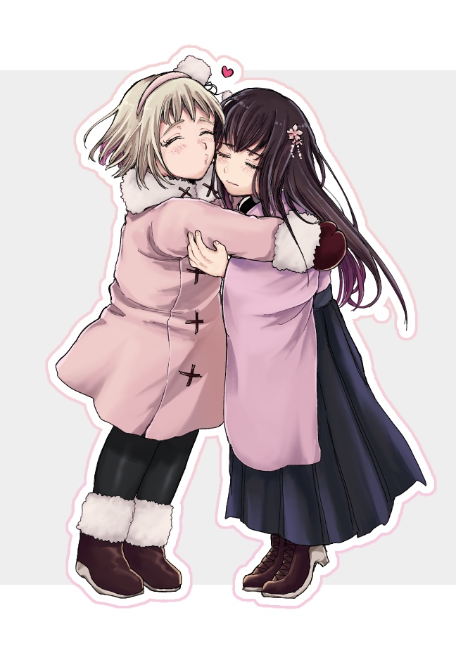 hachiware (user wwva4743), japan (female) (hetalia), japan (hetalia), russia (hetalia), axis powers hetalia, 2girls, alternate hair length, alternate hairstyle, black hair, black pantyhose, black ribbon, black skirt, blonde hair, blush, boots, border, brown boots, brown gloves, closed eyes, closed mouth, dress, fingernails, flower, full body, fur-trimmed boots, fur-trimmed dress, fur hat, fur trim, genderswap, genderswap (mtf), gloves, grey background, hair between eyes, hair flower, hair length switch, hair ornament, hairband, hakama, hakama skirt, hat, hat ribbon, heart, high heels, hug, japanese clothes, kanzashi, kimono, long hair, long sleeves, mini hat, multiple girls, outside border, pantyhose, pink dress, pink flower, pink hairband, pink kimono, pom pom (clothes), ribbon, russia (female) (hetalia), short hair, simple background, skirt, standing, tiptoes, white border, wide sleeves, yuri