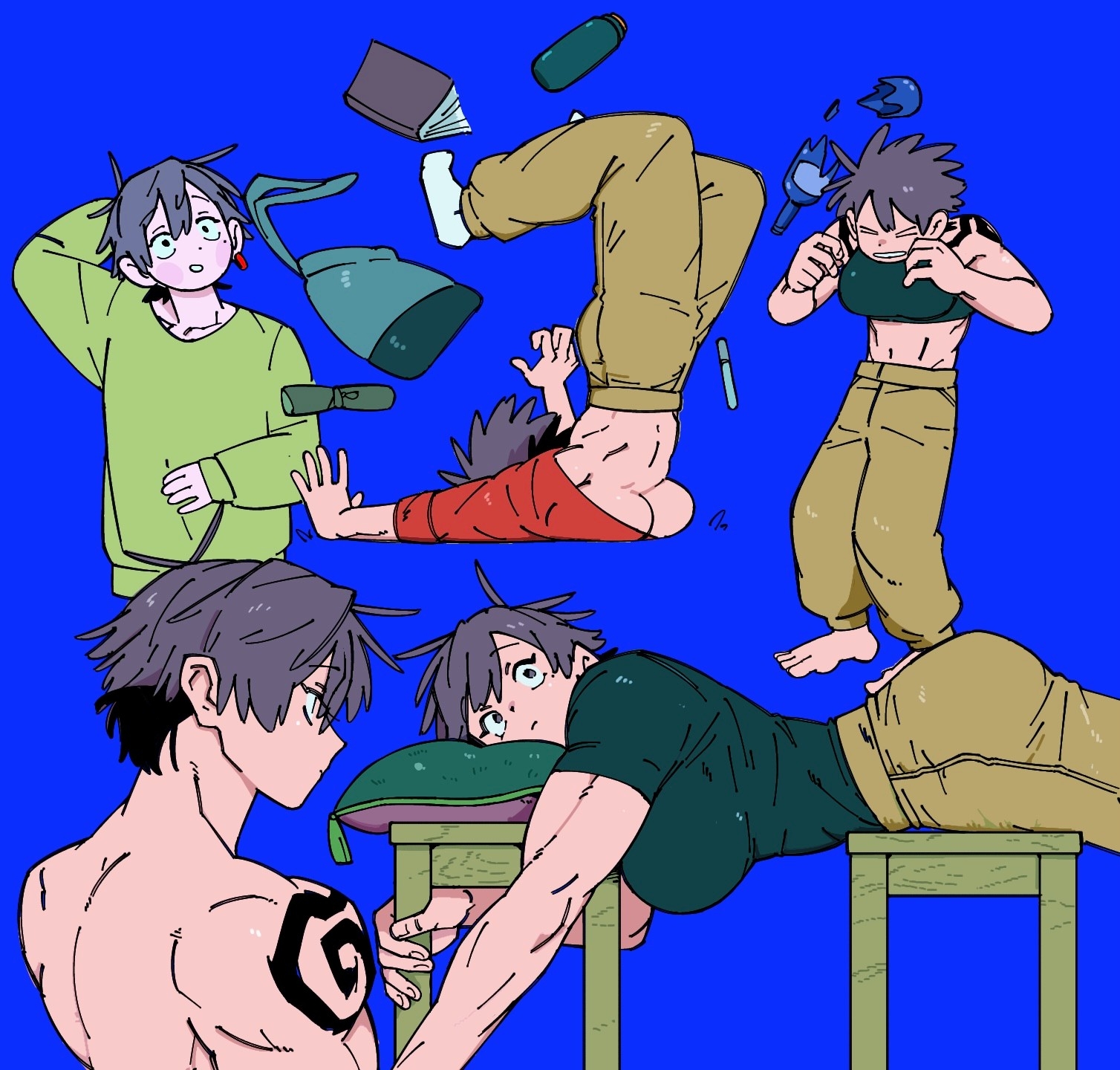 original, highres, 1girl, abs, accident, arm behind head, arm tattoo, arm up, ass, back muscles, baggy clothes, bare shoulders, breaking, breasts, broad shoulders, broken, broken glass, brown hair, clumsy, collarbone, crack, cracked glass, deltoids, dropping, failure, fallen down, falling, glass, glass shards, grey eyes, hand in own hair, hand on own head, kirima (peke07777), large breasts, lying, muscular, muscular female, navel, on stomach, peke07777, shards, short hair, shoulder tattoo, simple background, slipping, smile, solo, spill, surprised, tattoo, thick arms, tripping, underboob, v-taper