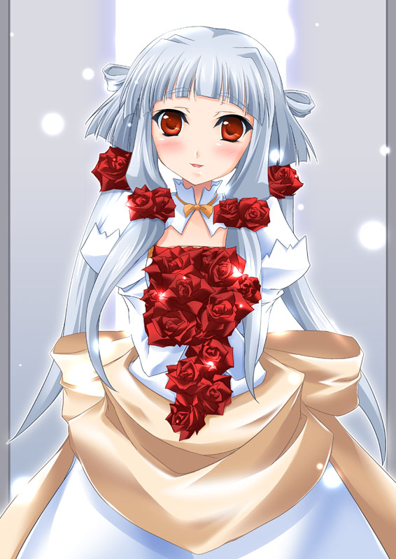 tianzi, code geass, 00s, albino, bride, dress, flower, long hair, red eyes, rose, solo, twintails, wedding dress, white hair
