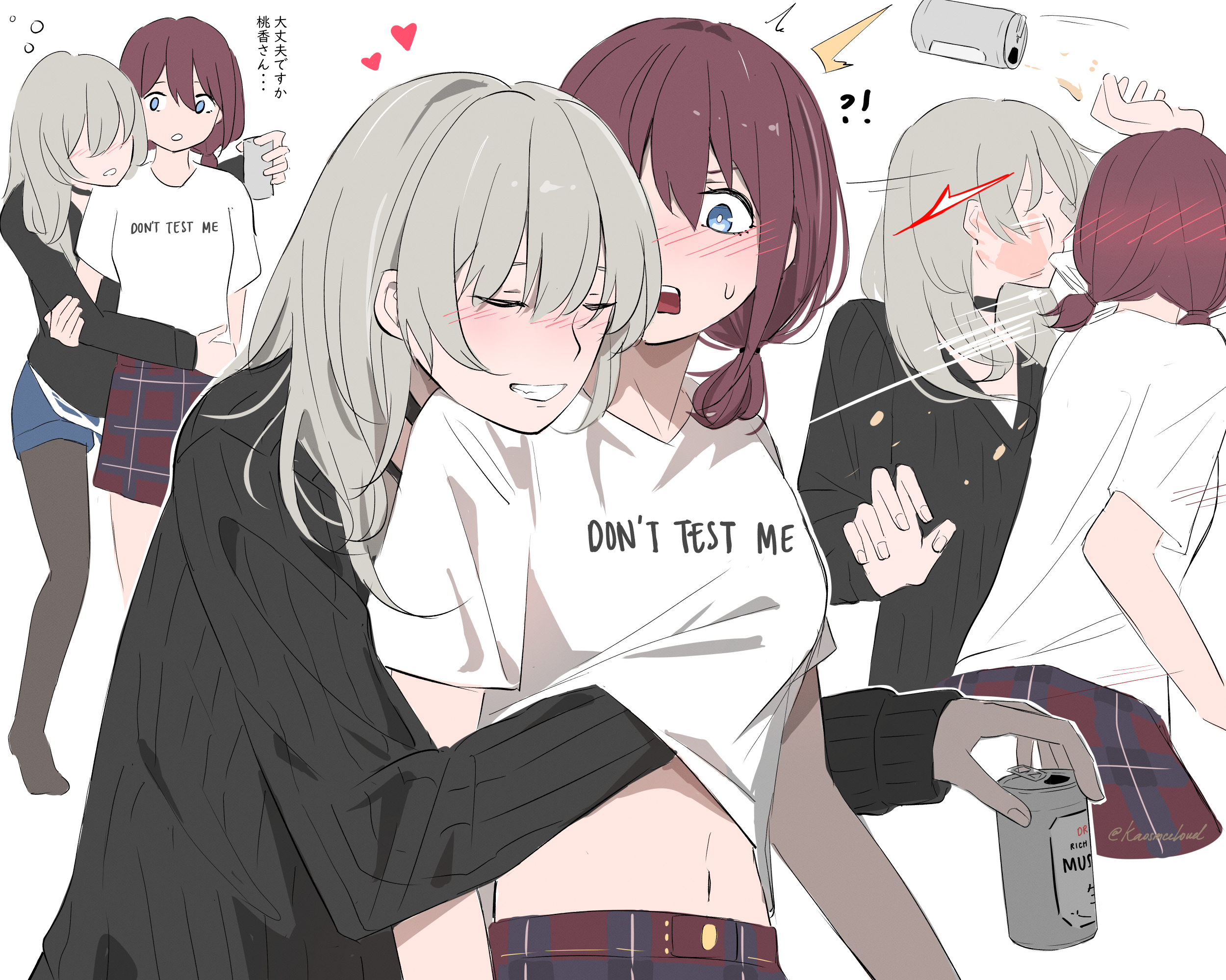 kaosmccloud, iseri nina, kawaragi momoka, girls band cry, commentary, highres, translation request, !?, 2girls, beer can, black choker, black pantyhose, black sweater, blue eyes, blue shorts, can, choker, closed eyes, drink can, drunk, english text, grabbing another's breast, grabbing from behind, grey hair, grin, groping, hand under clothes, hand under shirt, head on another's shoulder, heart, holding, holding can, long hair, long sleeves, multiple girls, no shoes, open mouth, pantyhose, pleated skirt, red hair, red skirt, shirt, short twintails, shorts, simple background, skirt, slap mark, slapping, smile, sweatdrop, sweater, twintails, twitter username, white background, white shirt, yuri