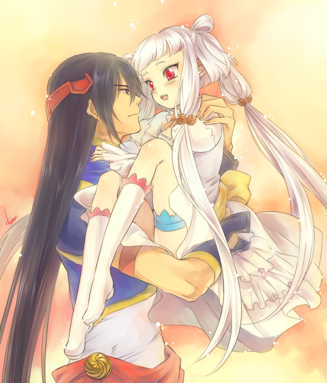 kayou (kayou-bi), li xingke, tianzi, code geass, highres, 00s, 1boy, 1girl, albino, blush, bride, chinese clothes, dress, long hair, pale skin, red eyes, twintails, wedding dress, white hair
