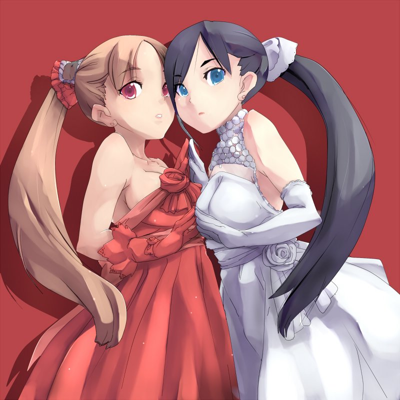 knucklecurve, bad id, bad pixiv id, 2girls, bare shoulders, black hair, blue eyes, breast press, breasts, brown hair, dress, elbow gloves, gloves, long hair, multiple girls, ponytail, red eyes, strapless, strapless dress, symmetrical docking, twintails, yuri
