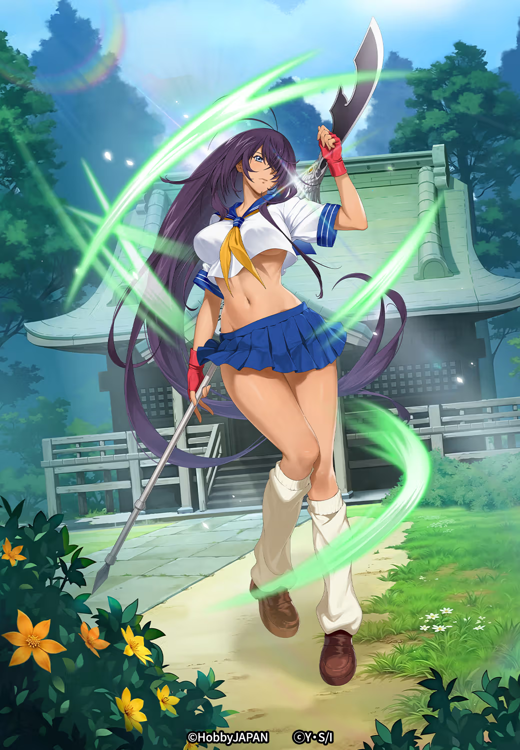 kan'u unchou, hobby japan, ikkitousen, queen's blade, queen's blade limit break, highres, official art, 1girl, asymmetrical underboob, blue eyes, breasts, crossover, hair over one eye, large breasts, long hair, midriff, navel, skirt, solo