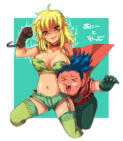 kara (color), annie (saga frontier), okonogi retsu, red (saga frontier), saga, saga frontier, > <, 1boy, 1girl, ahoge, angry, blonde hair, blue eyes, breasts, cleavage, closed eyes, covered erect nipples, garter belt, gloves, large breasts, shorts, thighhighs
