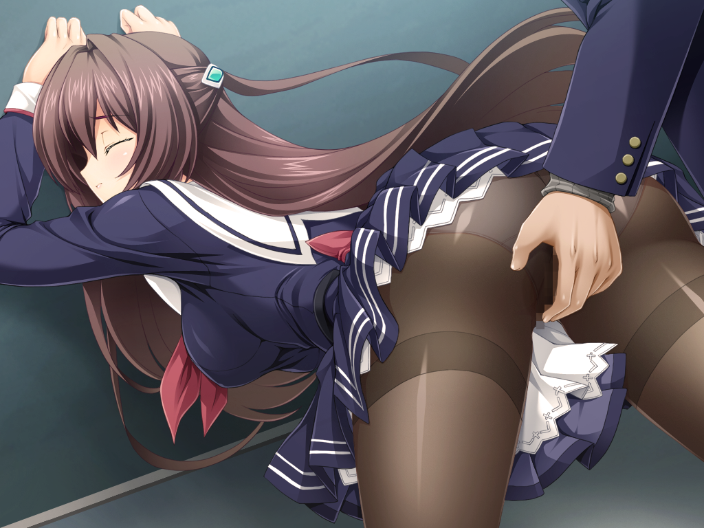 inoino, katsuragi marina, kouyoku senki exs-tia, game cg, non-web source, official art, variant set, 1boy, 1girl, against wall, ass, bent over, blush, breasts, brown hair, censored, chalkboard, closed eyes, crotch seam, dress, fingering, fingering through clothes, hair ornament, half updo, hetero, long hair, mosaic censoring, neckerchief, panties, panties under pantyhose, pantyhose, pleated skirt, sailor dress, school uniform, serafuku, skirt, solo focus, tears, thighband pantyhose, through clothes, underwear, white panties
