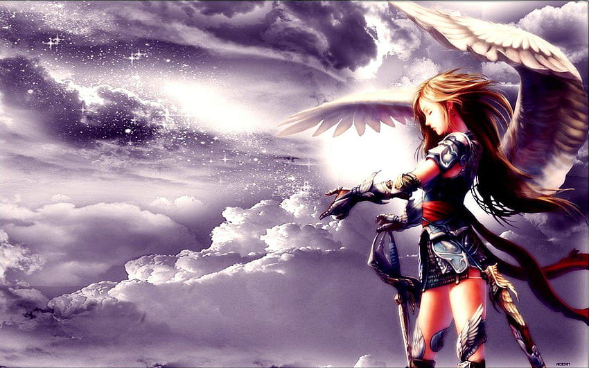 character request, commentary request, copyright request, non-web source, source request, translation request, 1girl, angel, angel wings, armor, brown hair, feathered wings, long hair, solo, sword, weapon, white wings, wings