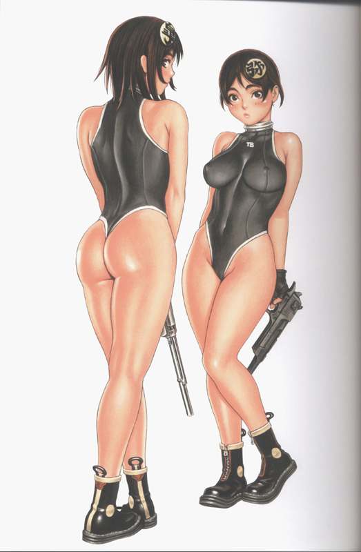 tsukasa jun, satsuki (tsukasa jun), original, scan, 2girls, ankle boots, arms behind back, ass, back, bare shoulders, black eyes, black gloves, blush, boots, breasts, breasts apart, brown eyes, brown hair, clothes writing, covered erect nipples, covered navel, crossed legs, desert eagle, fingerless gloves, from behind, full body, gloves, gun, hair ornament, halterneck, handgun, highleg, highleg leotard, hip bones, holding, holding weapon, impossible clothes, impossible leotard, kneepits, large breasts, legs, leotard, lips, long legs, looking at viewer, looking back, multiple girls, panties, parted bangs, pistol, profile, short hair, simple background, skin tight, standing, thick thighs, thighs, thong, thong leotard, turtleneck, underwear, v arms, weapon, white background, wide hips, zipper