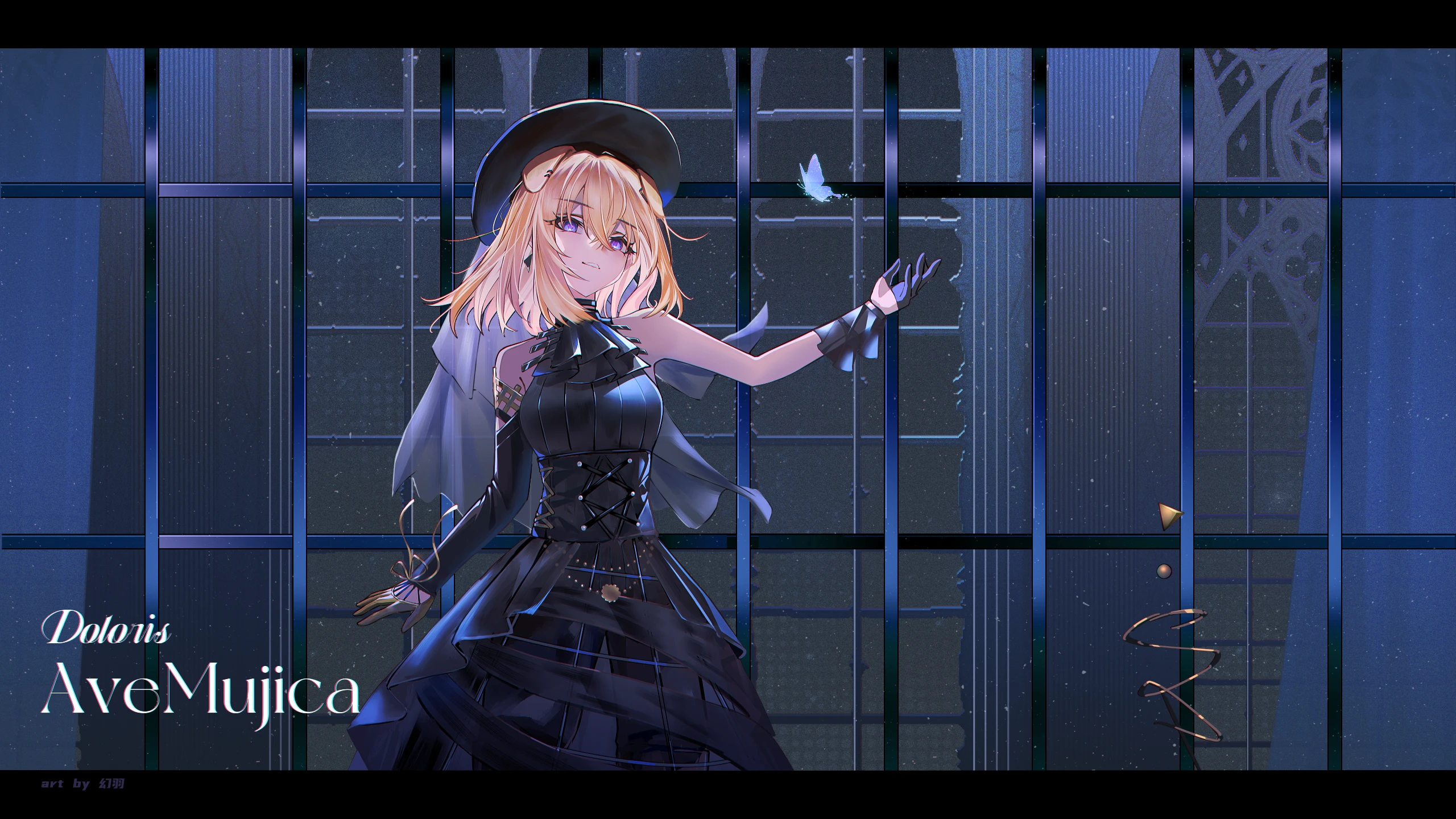 maboroshi hane, misumi uika, misumi uika (caged singer), arknights, bang dream!, bang dream! it's mygo!!!!!, chinese commentary, commentary request, highres, 1girl, animal ears, ascot, black ascot, black dress, black gloves, blonde hair, blue butterfly, breasts, bug, butterfly, character name, cowboy shot, dog ears, dog girl, dress, gloves, group name, hair between eyes, hand up, indoors, insect, kemonomimi mode, letterboxed, looking at viewer, medium hair, night, purple eyes, solo, standing, window