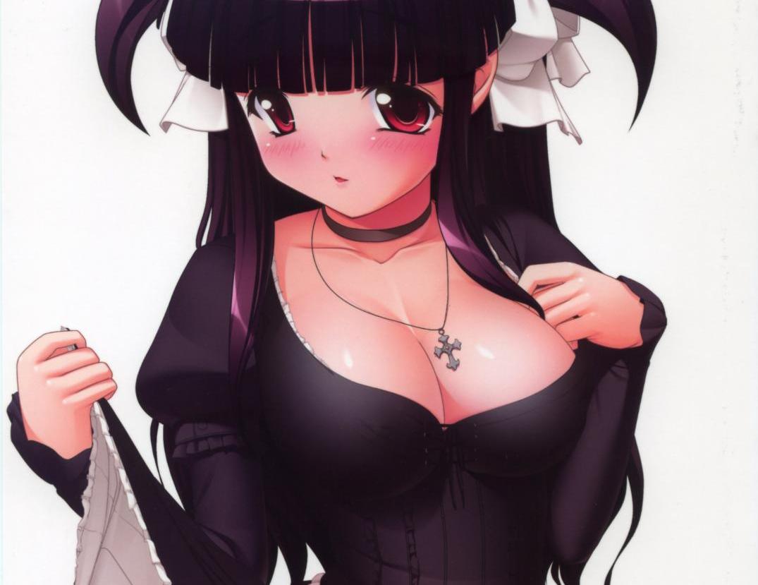 blush, breasts, cleavage, cross, large breasts, latin cross, long hair, purple hair, red eyes, solo, twintails