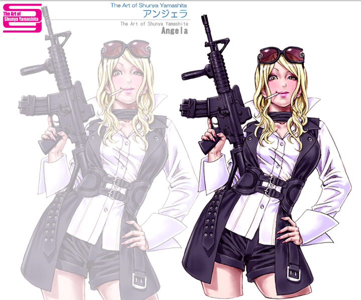 yamashita shun'ya, angela (yamashita shunya), wild flower, wildflower, non-web source, 1girl, assault rifle, belt, blonde hair, choker, cigarette, eyewear on head, female focus, fingernails, glasses, gun, hand on own hip, hip focus, holding, holding gun, holding weapon, lipstick, long fingernails, long hair, makeup, mouth hold, nail (hardware), nail polish, orange eyes, pink nails, rifle, shorts, smile, smirk, smoking, solo, studded belt, sunglasses, trigger discipline, vest, weapon, zoom layer