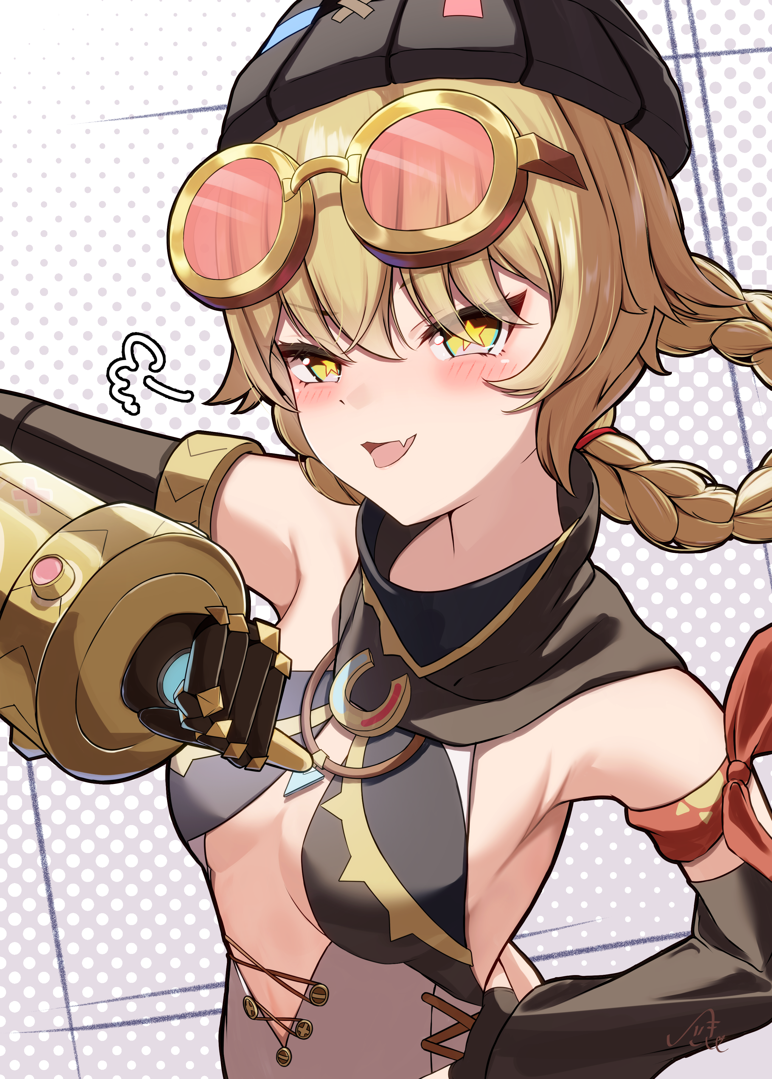 mattsi hbkk, jahoda (genshin impact), genshin impact, absurdres, highres, 1girl, armpits, beanie, black hat, blonde hair, blush, braid, braided hair rings, breasts, cleavage cutout, clothing cutout, detached sleeves, eyewear on head, fang, goggles, goggles on head, hair rings, halftone, halftone background, hand on own hip, hat, looking at viewer, mechanical arms, no bra, open mouth, pointing, pointing at self, prosthesis, prosthetic arm, sideboob, single detached sleeve, single mechanical arm, skin fang, small breasts, smile, solo, star-shaped pupils, star (symbol), symbol-shaped pupils, tinted eyewear, upper body, yellow eyes