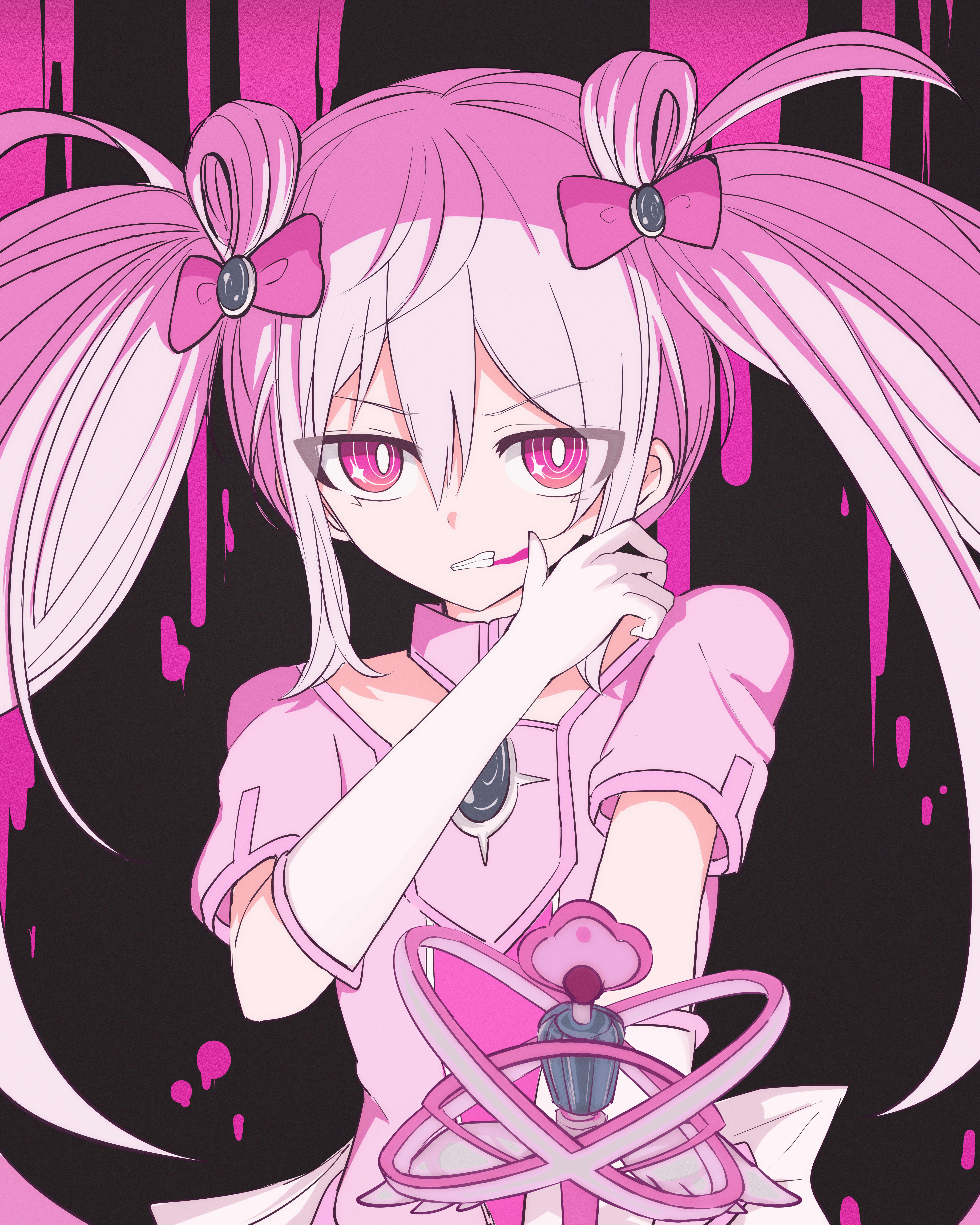 hatsune miku, mahou shoujo to chokorewito (vocaloid), vocaloid, absurdres, commentary request, highres, 1girl, blood, bow, brooch, dress, food, frills, gloves, hair between eyes, hair bow, hair ornament, holding, holding wand, jewelry, long hair, looking at viewer, magical girl, pink blood, pink bow, pink eyes, pink hair, short sleeves, simple background, smile, solo, twintails, user pyws4444, wand, white gloves