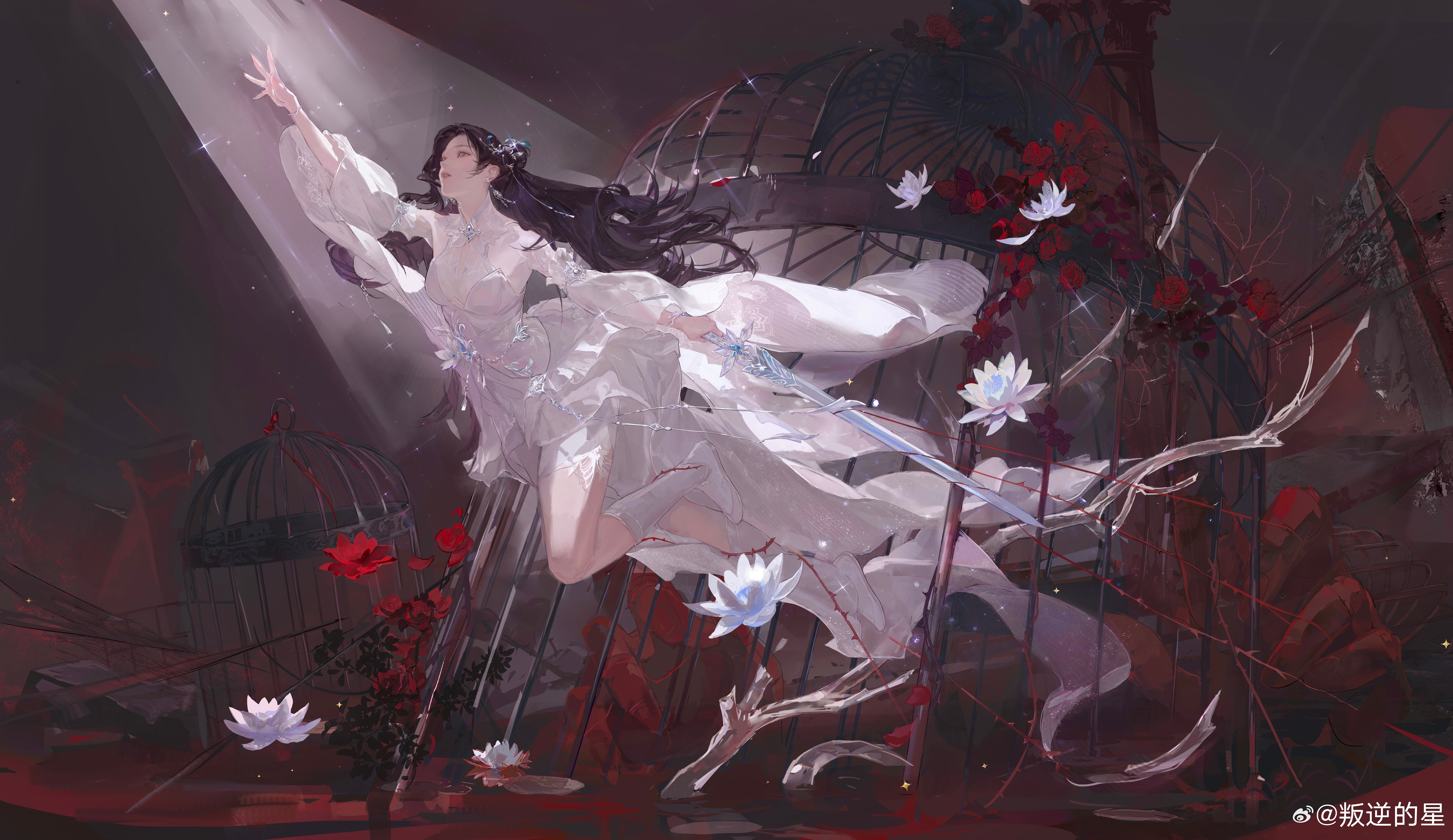 panni xing, lu xueqi (zhu xian), zhu xian, absurdres, chinese commentary, highres, 1girl, ambiguous red liquid, arm up, birdcage, black hair, blue gemstone, boots, bracelet, branch, breasts, cage, chinese clothes, curtained hair, disembodied hand, dress, dress flower, earrings, floating, flower, full body, gem, grey eyes, hair bun, hair ornament, high-low dress, holding, holding sword, holding weapon, jewelry, light particles, light rays, lips, long dress, long hair, long sleeves, looking up, lotus, mandarin collar, medium breasts, outstretched arms, parted bangs, parted lips, partially immersed, plant, reaching, red flower, red rose, restrained, rose, shorts, shorts under dress, single hair bun, solo, sword, thorns, vines, watermark, weapon, weibo watermark, white boots, white dress, white flower, white shorts, wide sleeves