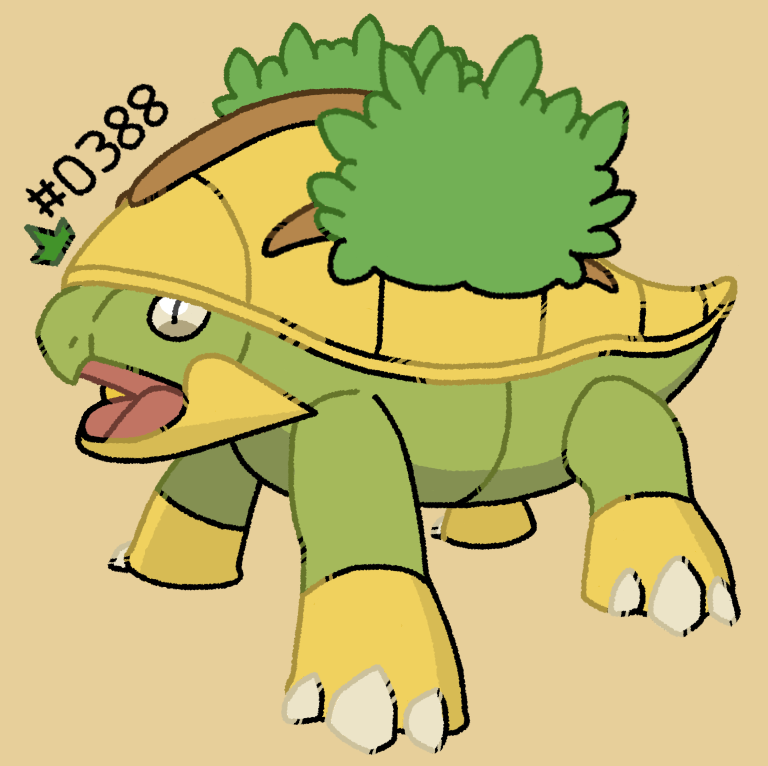 grotle, nintendo, pokemon, krita (medium), gen 4 pokemon, no humans, numbered, open mouth, pokemon (creature), simple background, solo, sparrowmechanic, yellow background