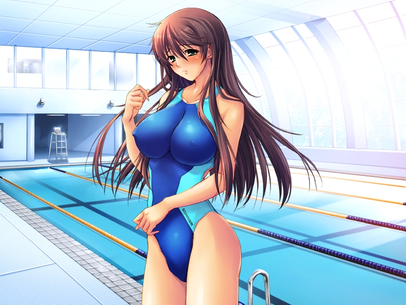 yoshino keiko, kashiwazaki nana, shinnin kyonyuu jokyoushi nana, game cg, 1girl, blush, breasts, brown hair, chair, competition swimsuit, covered erect nipples, female focus, green eyes, impossible clothes, impossible swimsuit, indoors, lane line, large breasts, lifeguard chair, long hair, one-piece swimsuit, pool, pool ladder, poolside, solo, standing, sunlight, swimsuit, tachi-e, window