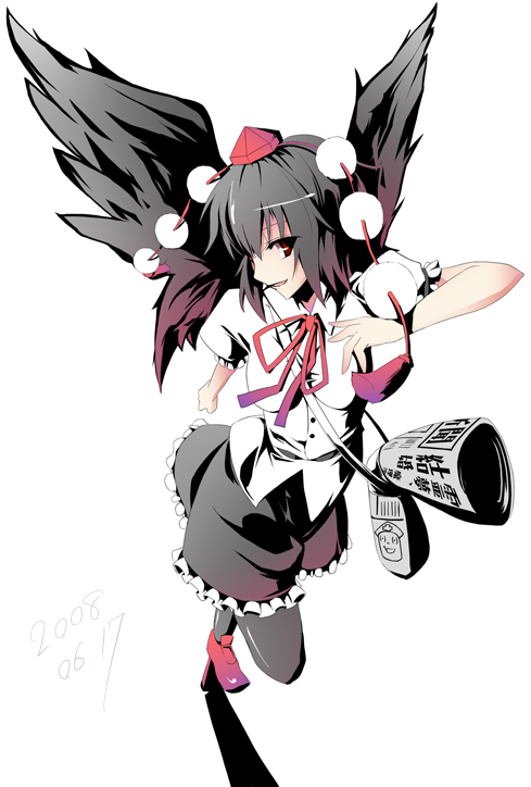 itose ikuto, shameimaru aya, touhou, 1girl, black wings, female focus, geta, hat, pantyhose, solo, tengu-geta, wings