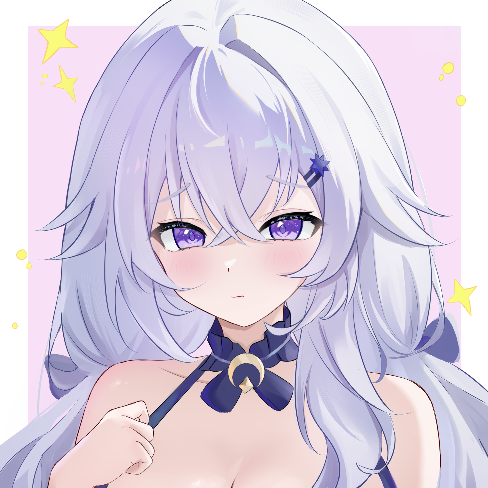 chokei, celestia (strinova), strinova, highres, 1girl, bare shoulders, blush, breasts, cleavage, collarbone, detached collar, hair between eyes, hair intakes, hair ornament, hair over shoulder, hairclip, halterneck, hand up, long hair, looking at viewer, low twintails, purple eyes, simple background, solo, star (symbol), twintails, white hair