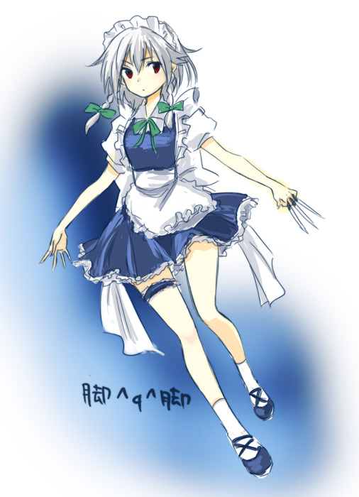 miya (tsumazukanai), izayoi sakuya, touhou, silver hair, 1girl, bow, breasts, dress, female focus, full body, gradient background, maid, pale skin, red eyes, solo, white background