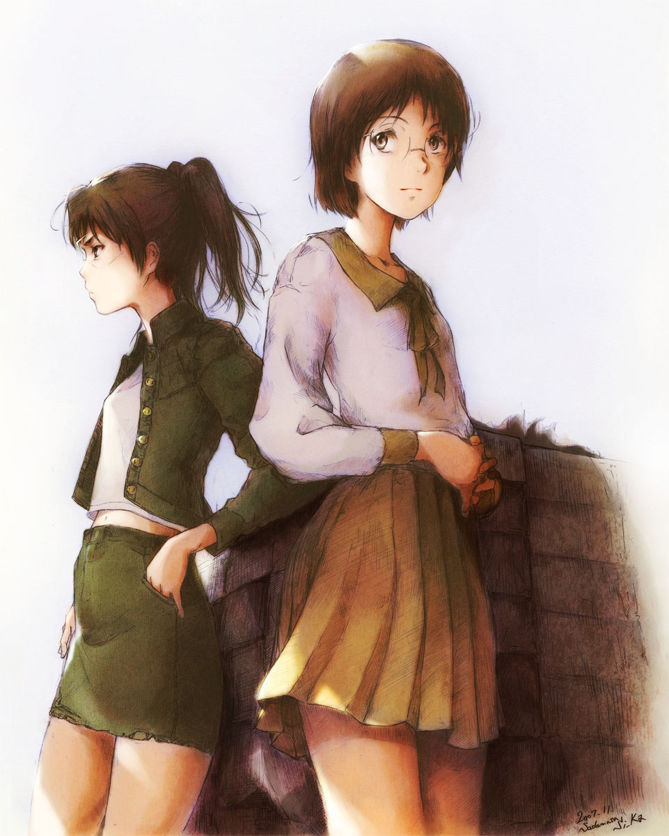 shiika sadamasa, amasawa yuuko, okonogi yuuko, dennou coil, highres, 00s, 2girls, brown eyes, brown hair, flat chest, glasses, jacket, multiple girls, pencil skirt, short hair, skirt, twintails