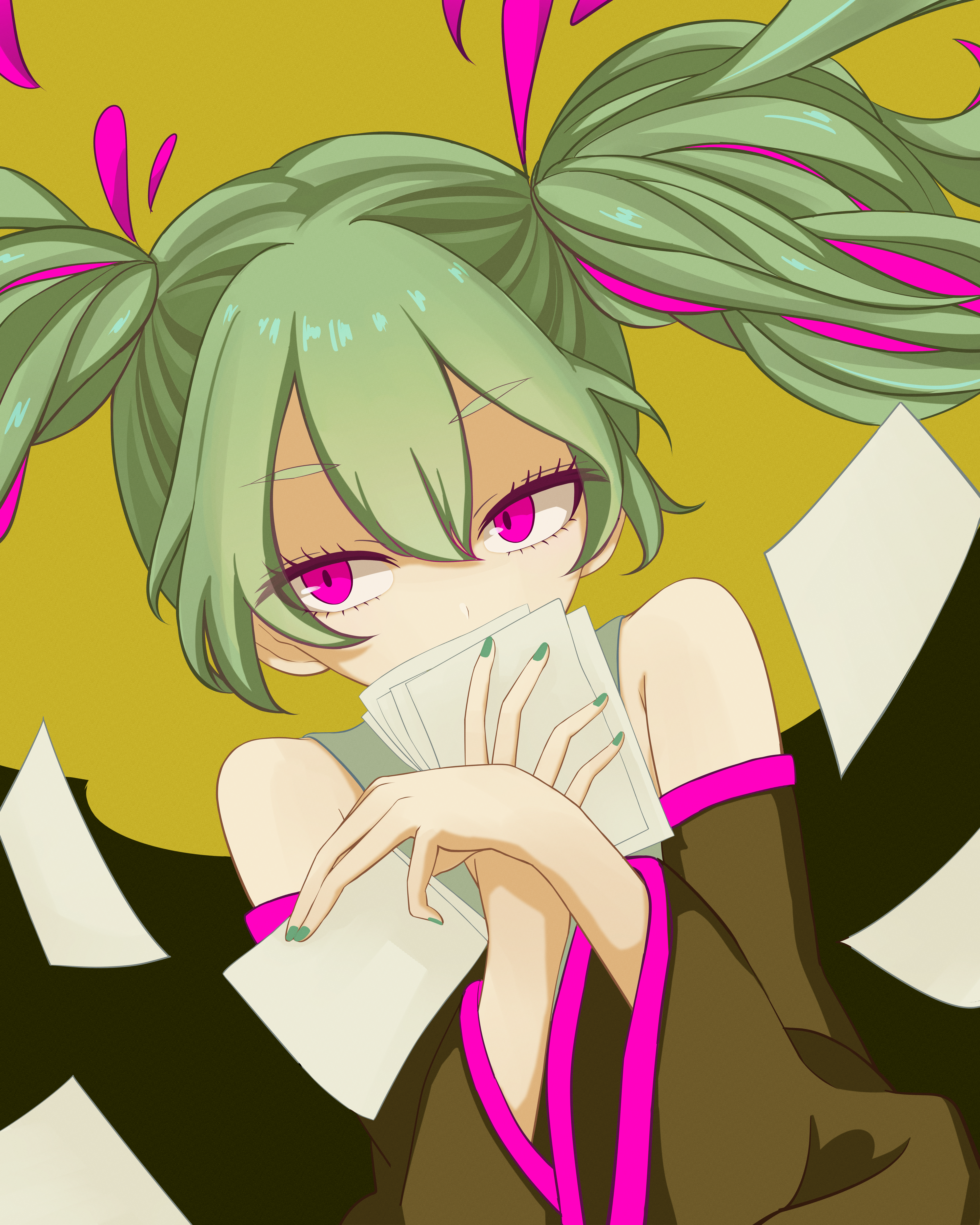 hatsune miku, mousou zei (vocaloid), vocaloid, absurdres, highres, 1girl, aqua hair, detached sleeves, floating hair, green hair, holding, holding paper, long hair, long sleeves, looking at viewer, nail polish, necktie, paper, papers, pink eyes, pink necktie, shirt, skirt, sleeveless, solo, thighhighs, twintails, user pyws4444, very long hair