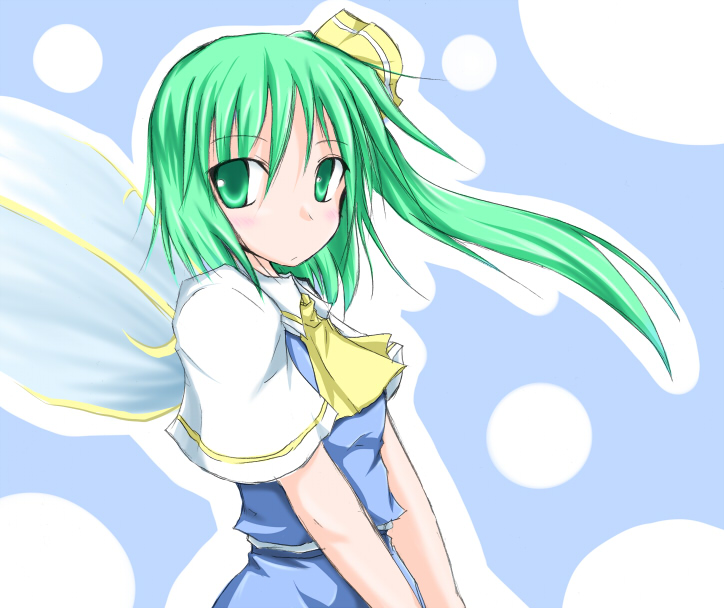 kirino souya, souya, daiyousei, embodiment of scarlet devil, touhou, 1girl, ascot, blush, female focus, green eyes, green hair, hair ribbon, matching hair/eyes, ribbon, side ponytail, solo, wings