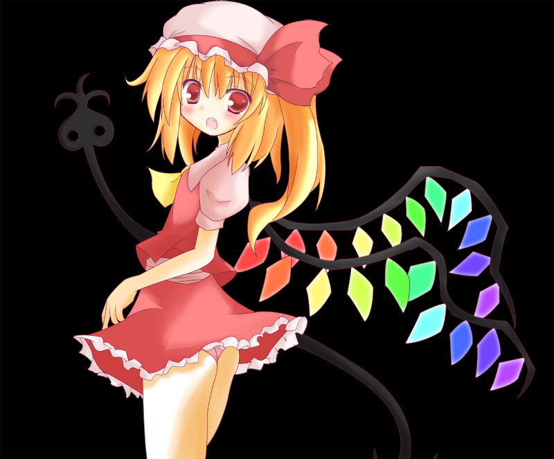 gorujitai, flandre scarlet, touhou, 1girl, black background, blouse, female focus, from side, hat, laevatein, mob cap, rainbow order, shirt, solo, white hat, white shirt, wings