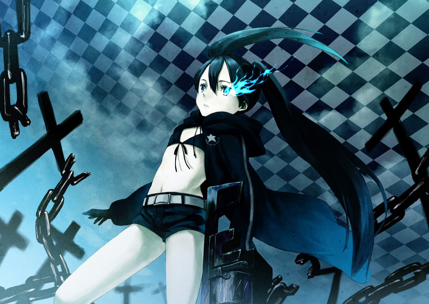 houru, black rock shooter (character), hatsune miku, black rock shooter, vocaloid, 10s, 1girl, bikini, bikini top only, black hair, blacku00e2u02dcu2026rock shooter, blue eyes, cape, chain, female focus, flat chest, long hair, pale skin, shorts, solo, swimsuit, twintails
