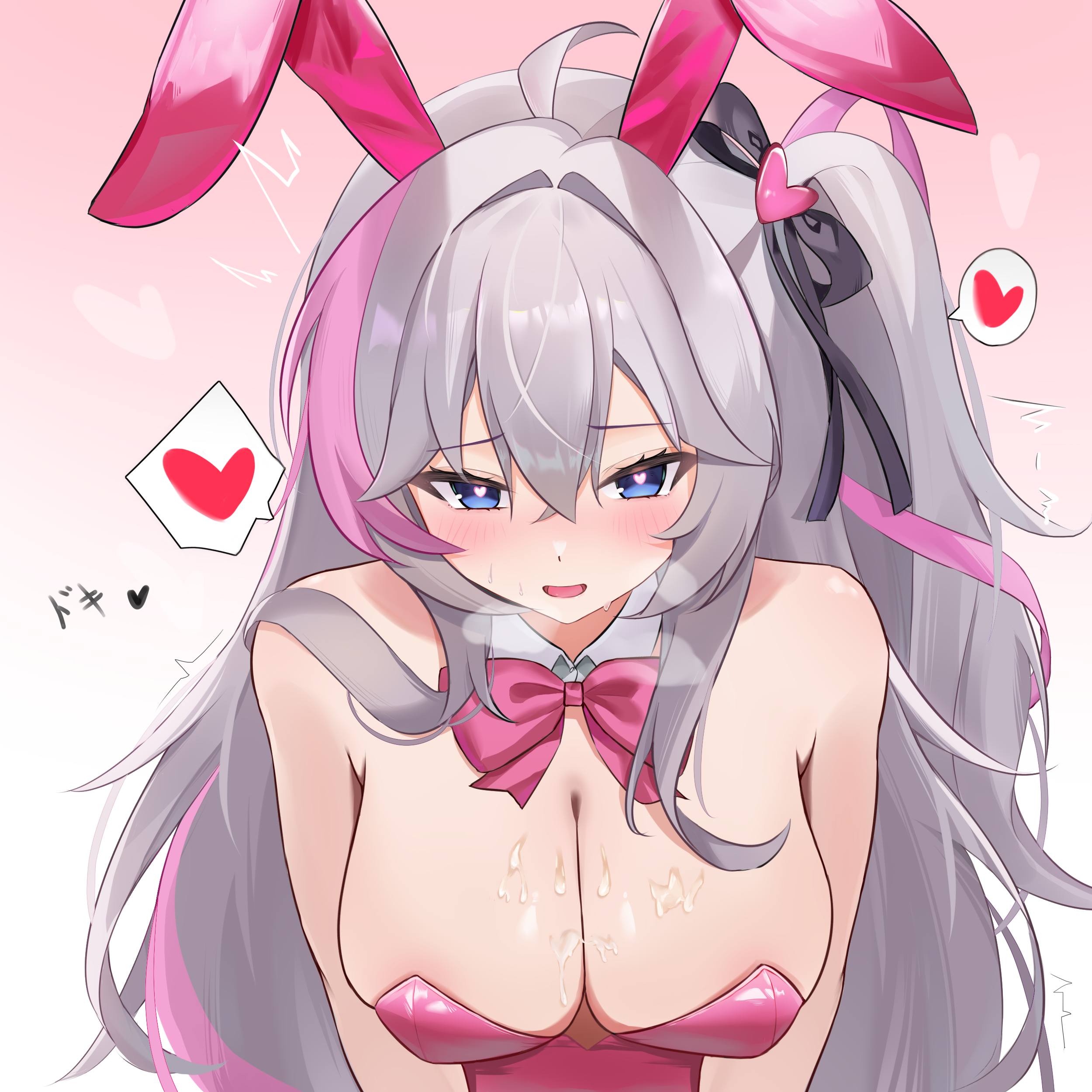 chokei, kanami (strinova), strinova, absurdres, highres, 1girl, ahoge, animal ear hairband, animal ears, armpit crease, bare shoulders, blue eyes, blush, bow, bowtie, breasts, cleavage, cum, cum on body, cum on breasts, cum on upper body, detached collar, fake animal ears, hair between eyes, hair intakes, hair ribbon, hairband, heart, heart-shaped pupils, large breasts, leotard, long hair, multicolored hair, open mouth, pink hair, playboy bunny, rabbit ear hairband, rabbit ears, ribbon, side ponytail, simple background, solo, spoken heart, sweat, sweatdrop, symbol-shaped pupils, tongue, white background, white hair
