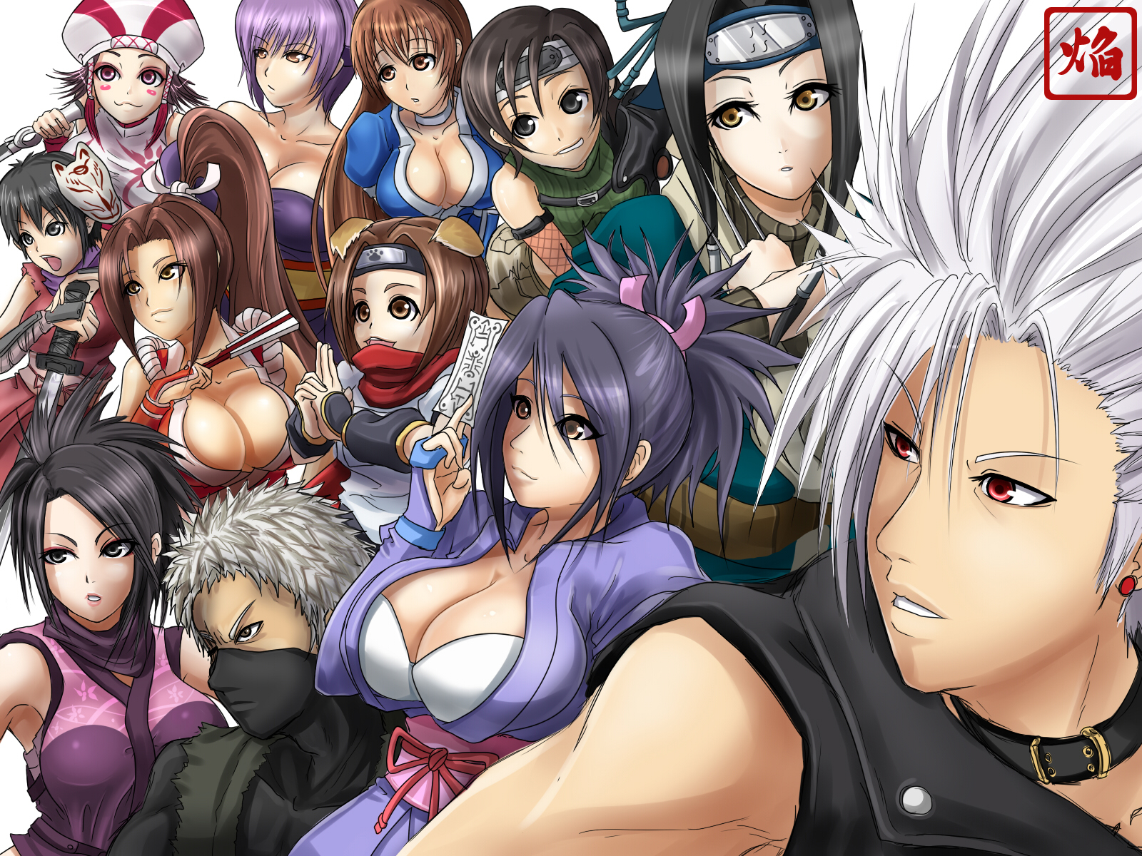 homura (haku89), ayame (tenchuu), ayane (doa), chipp zanuff, fujibayashi sheena, haku (naruto), kasumi (doa), konoha (arcana heart), kunoichi (sengoku musou), ninja (final fantasy), rikimaru, rin (tenchuu), shiranui mai, yuffie kisaragi, acquire, arc system works, arcana heart, dead or alive, examu, fatal fury, final fantasy, final fantasy vii, fromsoftware, guilty gear, namco, naruto (classic), naruto (series), ninja gaiden, sengoku musou, snk, tales of (series), tales of symphonia, tecmo, tenchu, tenchuu, the king of fighters, annotated, bad id, bad pixiv id, highres, 00s, 1990s (style), 3boys, 6+girls, breasts, cleavage, crossover, everyone, huge breasts, large breasts, mask, mouth mask, multiple boys, multiple crossover, multiple girls, ninja, ninja mask, retro artstyle