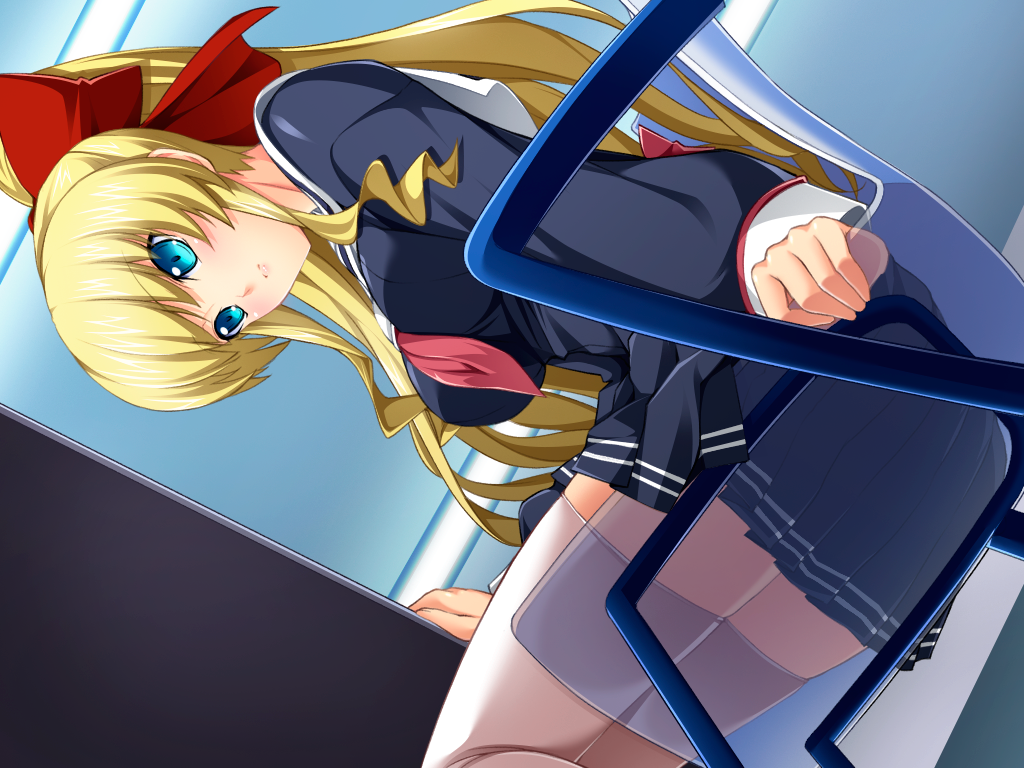 rindou (radical dream), rieszverne suzette paladill, kouyoku senki exs-tia, game cg, large variant set, non-web source, official art, variant set, 1girl, aqua eyes, black skirt, blonde hair, blue eyes, blush, bow, breasts, chair, dress, dutch angle, from below, hair bow, indoors, long hair, long sleeves, looking down, neckerchief, pleated skirt, ponytail, sailor dress, school uniform, serafuku, sitting, skirt, solo, thighhighs, transparent, white thighhighs, x-ray, zettai ryouiki