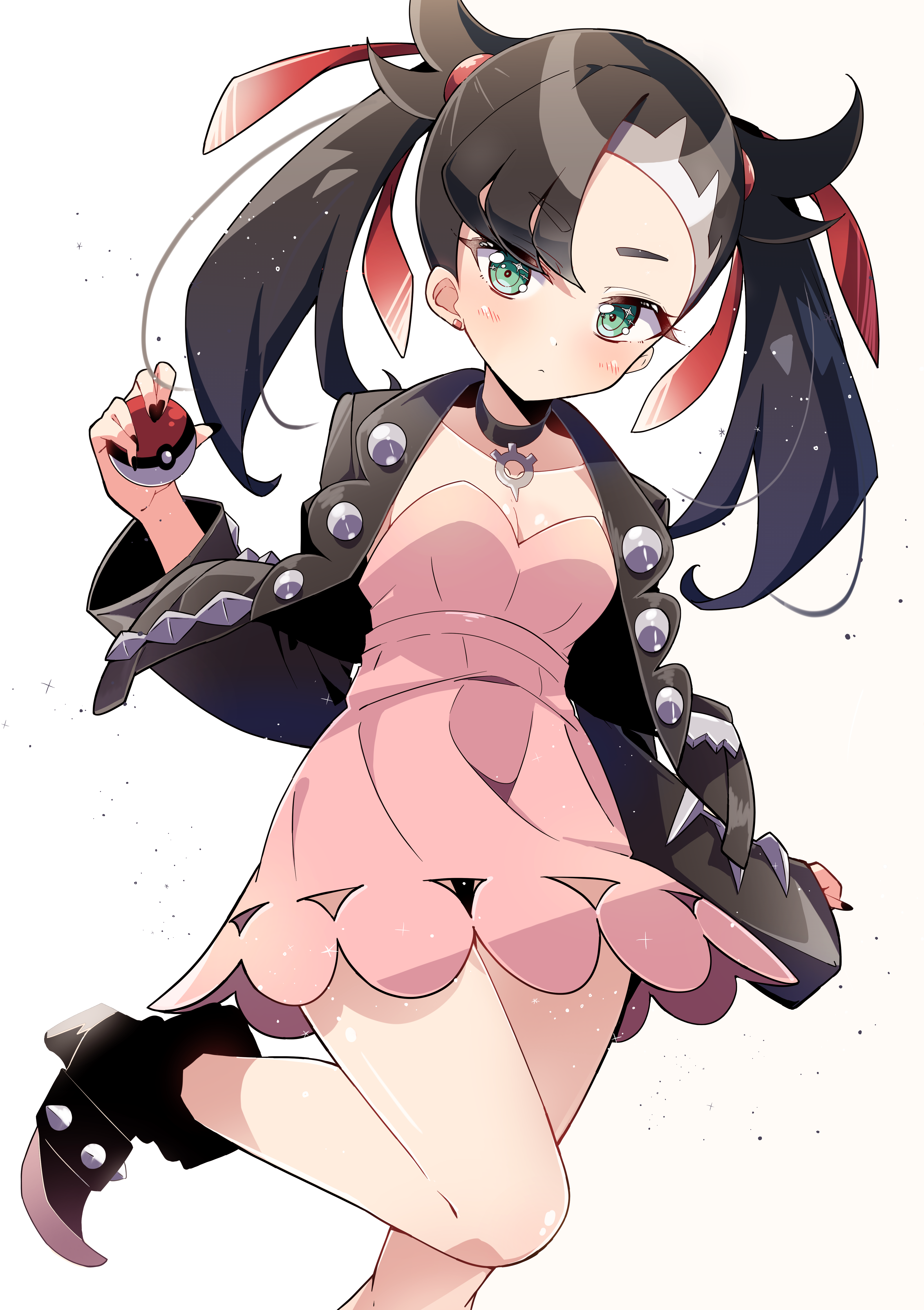 ichijo rei, marnie (pokemon), nintendo, pokemon, pokemon swsh, absurdres, artist request, commentary request, derivative work, highres, 1girl, asymmetrical bangs, black boots, black choker, black collar, black hair, blush, boots, choker, closed mouth, collar, dress, earrings, eyelashes, green eyes, hair ribbon, holding, holding poke ball, jacket, jewelry, leg up, long hair, looking at viewer, open clothes, open jacket, pink dress, poke ball, poke ball (basic), red ribbon, ribbon, shiny skin, solo