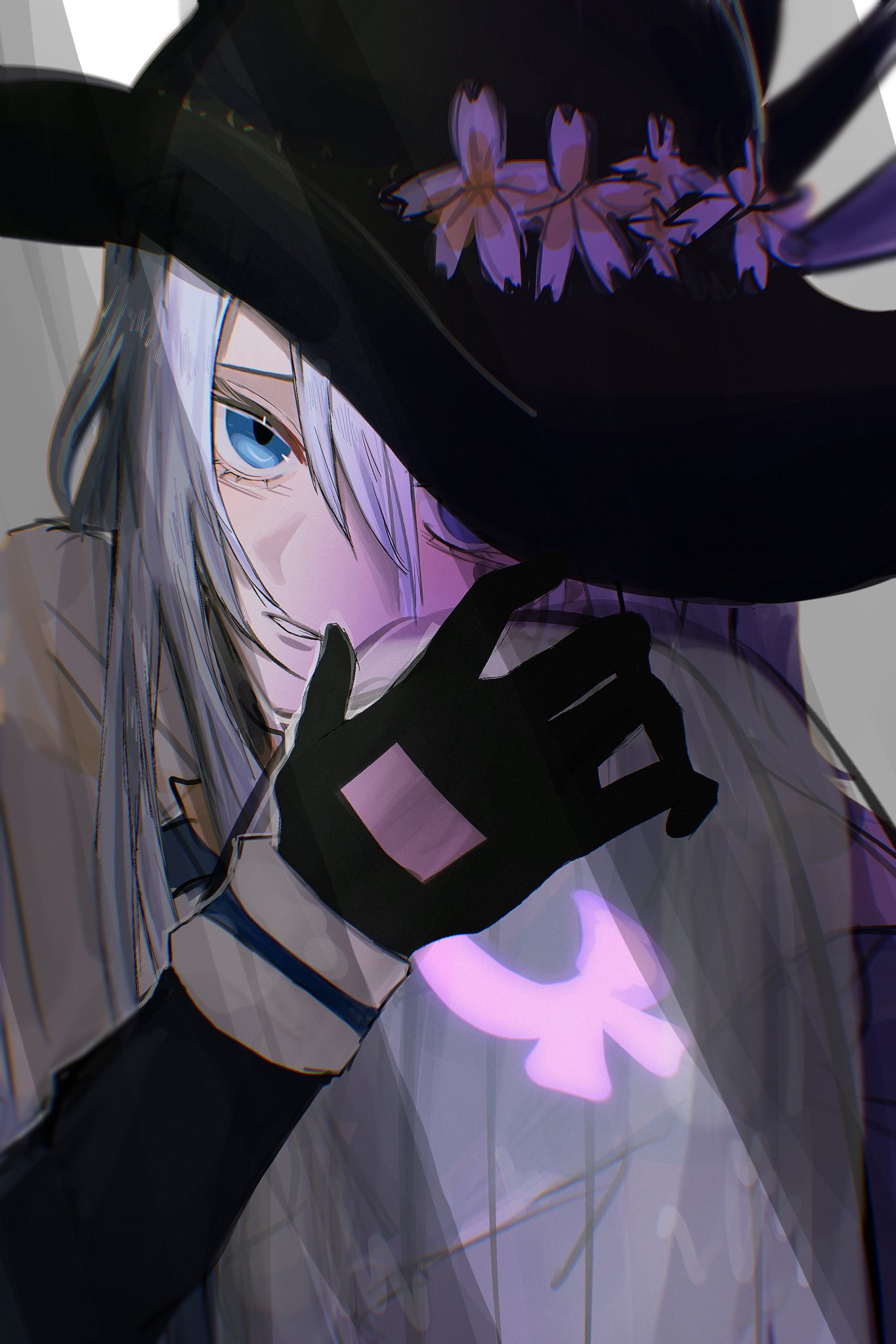 yoisaki kanade, project sekai, highres, 1girl, black gloves, black hat, blue eyes, gloves, hair between eyes, hat, immiscible discord (project sekai), long hair, looking at viewer, open mouth, solo, upper body, white hair, yu ux xy