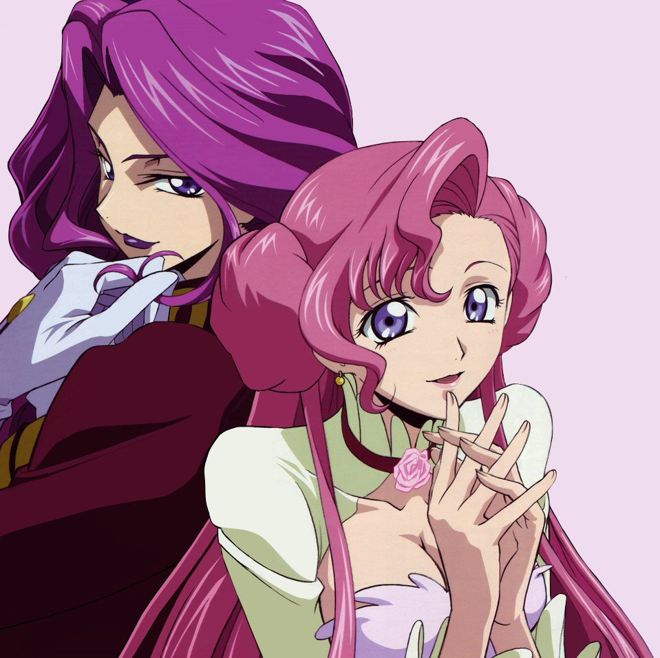 cornelia li britannia, euphemia li britannia, code geass, uniform, 00s, 2girls, breasts, cleavage, donut hair bun, dress, gloves, hair bun, long hair, multiple girls, pink hair, purple eyes, purple hair, short hair, siblings, sisters, smile