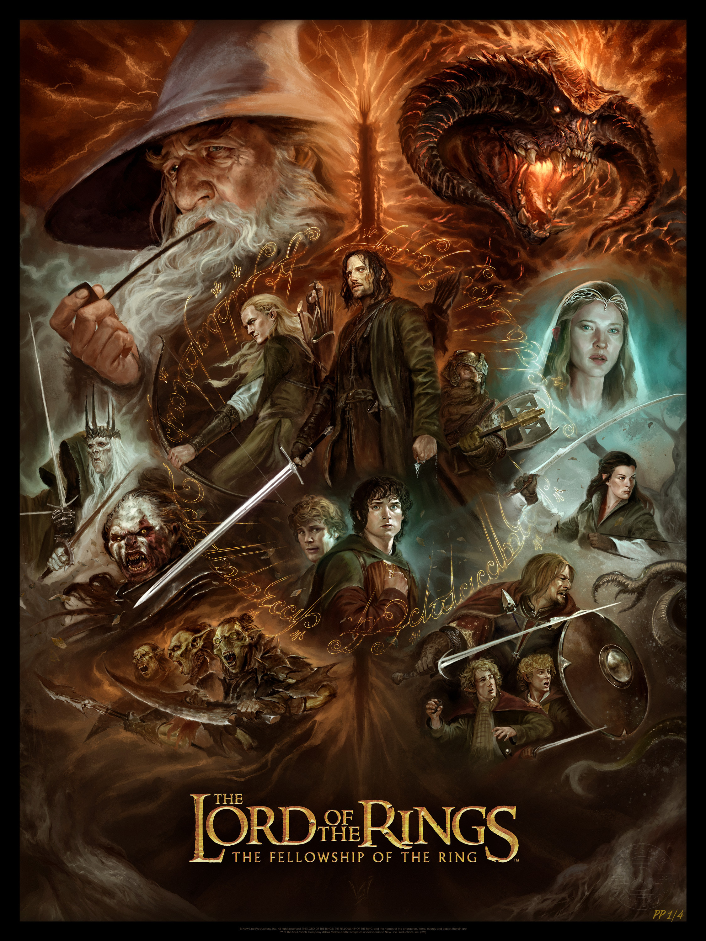 alvarojh art, aragorn, arwen, boromir, eye of sauron, frodo baggins, galadriel, gandalf, gimli, legolas, nazgul, peregrin took, samwise gamgee, sauron, the one ring, witch king of angmar, the lord of the rings, tolkien's legendarium, absurdres, highres, 2girls, 6+boys, armor, arrow (projectile), axe, balrog (tolkien), battle axe, beard, black armor, black border, black hair, black speech (language), blonde hair, blue eyes, border, bow (weapon), breastplate, brown hair, closed mouth, colored skin, copyright name, crown, demon horns, dress, facepaint, facial hair, faulds, fire, gauntlets, gloves, glowing, glowing eyes, goblin, green eyes, green skin, hair ornament, hat, helm, helmet, holding, holding axe, holding jewelry, holding polearm, holding ring, holding rock, holding shield, holding smoking pipe, holding sword, holding weapon, horns, jewelry, long beard, long hair, lurtz, multiple boys, multiple girls, open mouth, orc, page number, pauldrons, pointy ears, polearm, queen, ring, rock, sharp teeth, shield, short hair, shoulder armor, smoking, smoking pipe, spear, spiked crown, sword, teeth, title, title page, uruk hai, weapon, white beard, white hair, wizard, wizard hat, yellow eyes