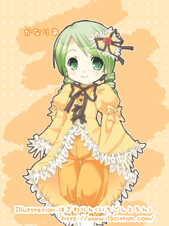 15citron, kanaria, rozen maiden, 00s, 1girl, blush, female focus, frills, green eyes, green hair, hair ornament, hairpin, heart, heart hair ornament, looking at viewer, matching hair/eyes, orange hair, pants, poncho, simple background, smile, solo, standing
