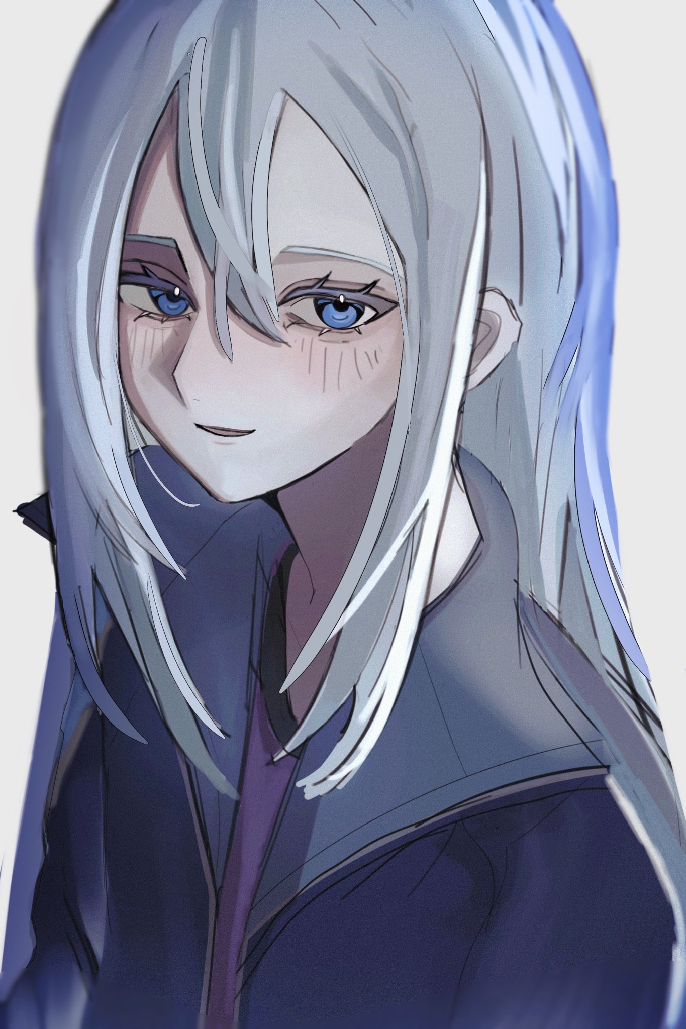yoisaki kanade, project sekai, commentary, hashtag-only commentary, highres, 1girl, blue eyes, blue jacket, blush, grey hair, hair between eyes, jacket, long hair, open clothes, open jacket, open mouth, purple shirt, shirt, simple background, solo, upper body, white background, yu ux xy