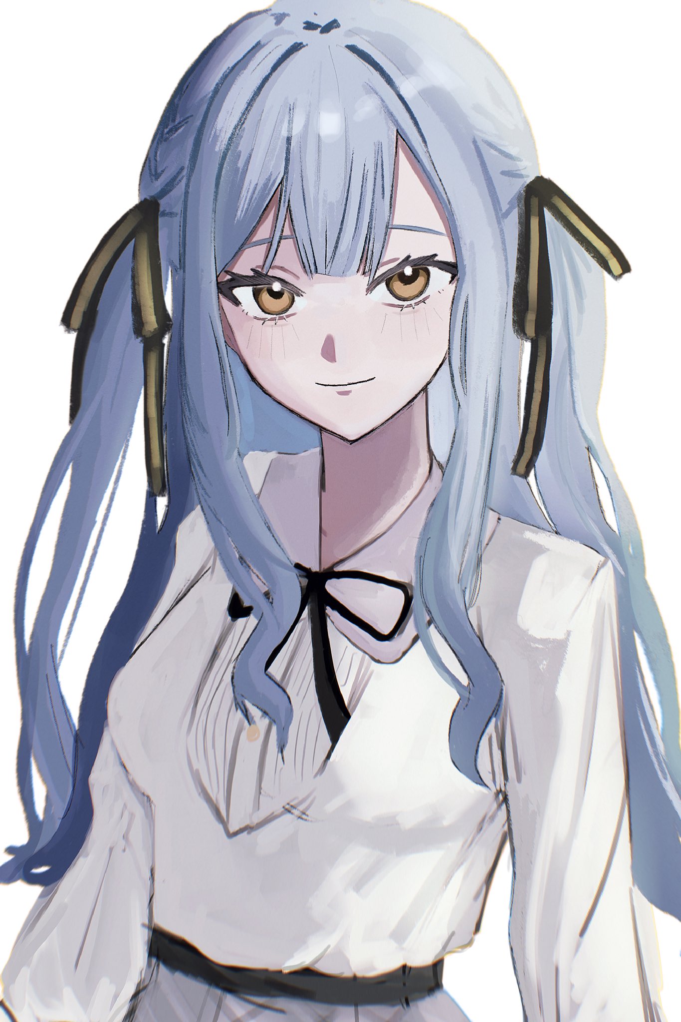 togawa sakiko, bang dream!, bang dream! it's mygo!!!!!, commentary, highres, symbol-only commentary, 1girl, black ribbon, blue hair, breasts, closed mouth, hair ribbon, long hair, long sleeves, medium breasts, neck ribbon, ribbon, shirt, sidelocks, simple background, solo, two side up, white background, white shirt, yellow eyes, yu ux xy