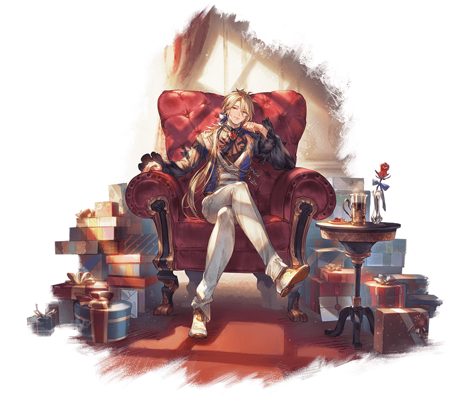 minaba hideo, aglovale (granblue fantasy), granblue fantasy, 1boy, aglovale (valentine) (granblue fantasy), black shirt, blue bow, bow, frilled shirt, frills, full body, hair between eyes, hair over shoulder, hand up, low ponytail, male focus, official alternate costume, ponytail, red eyes, shirt, sitting, vest, white vest