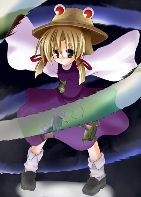 fuji tooya, fuji toya, moriya suwako, touhou, 1girl, blonde hair, female focus, hat, ribbon, short hair, solo