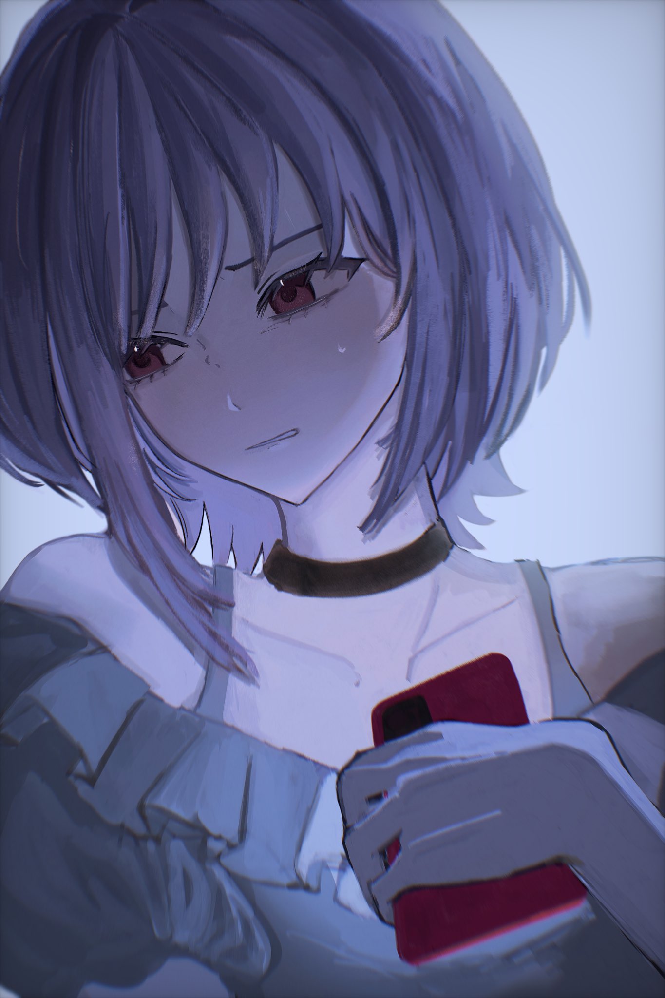 yuutenji nyamu, bang dream!, bang dream! it's mygo!!!!!, commentary, hashtag-only commentary, highres, 1girl, black choker, cellphone, choker, collarbone, frilled shirt, frills, grey shirt, holding, holding phone, medium hair, off-shoulder shirt, off shoulder, phone, pink eyes, purple hair, shirt, simple background, smartphone, solo, upper body, white background, yu ux xy