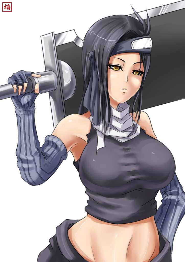 homura (haku89), momochi zabuza, naruto (classic), naruto (series), bad id, bad pixiv id, 1girl, black hair, breasts, detached sleeves, female focus, forehead protector, genderswap, genderswap (mtf), huge weapon, kubikirihouchou, large breasts, midriff, over shoulder, solo, sword, sword over shoulder, weapon, weapon over shoulder, yellow eyes, zanbatou