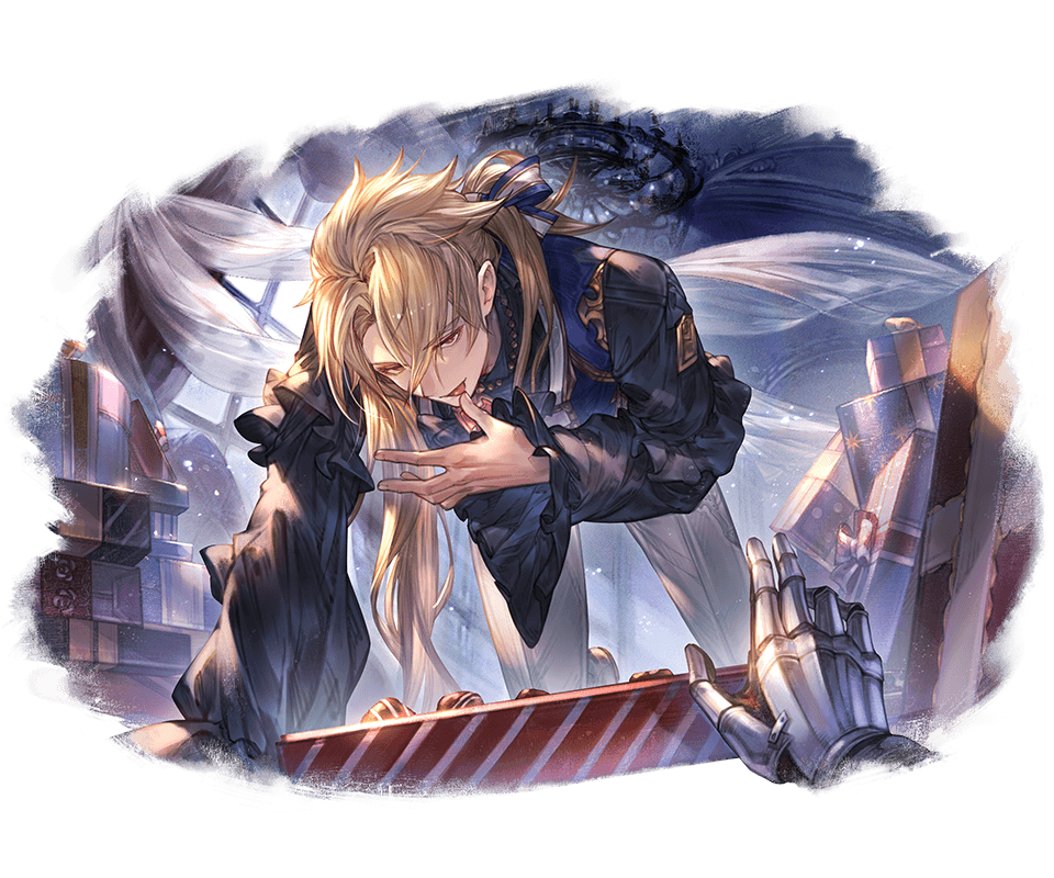 minaba hideo, aglovale (granblue fantasy), granblue fantasy, 1boy, aglovale (valentine) (granblue fantasy), black shirt, blue bow, bow, frilled shirt, frills, hair between eyes, hand on own face, leaning forward, low ponytail, male focus, ponytail, red eyes, shirt, upper body