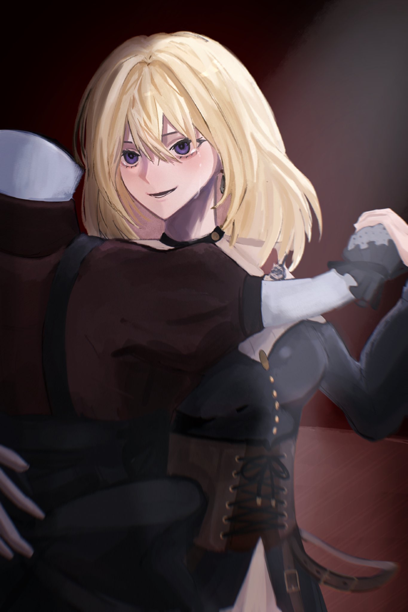 doloris (bang dream!), misumi uika, oblivionis (bang dream!), togawa sakiko, bang dream!, bang dream! it's mygo!!!!!, commentary, hashtag-only commentary, highres, 1girl, black dress, blonde hair, brown corset, corset, crying, crying with eyes open, dancing, dress, hair between eyes, long sleeves, mannequin, medium hair, open mouth, purple eyes, tears, yu ux xy