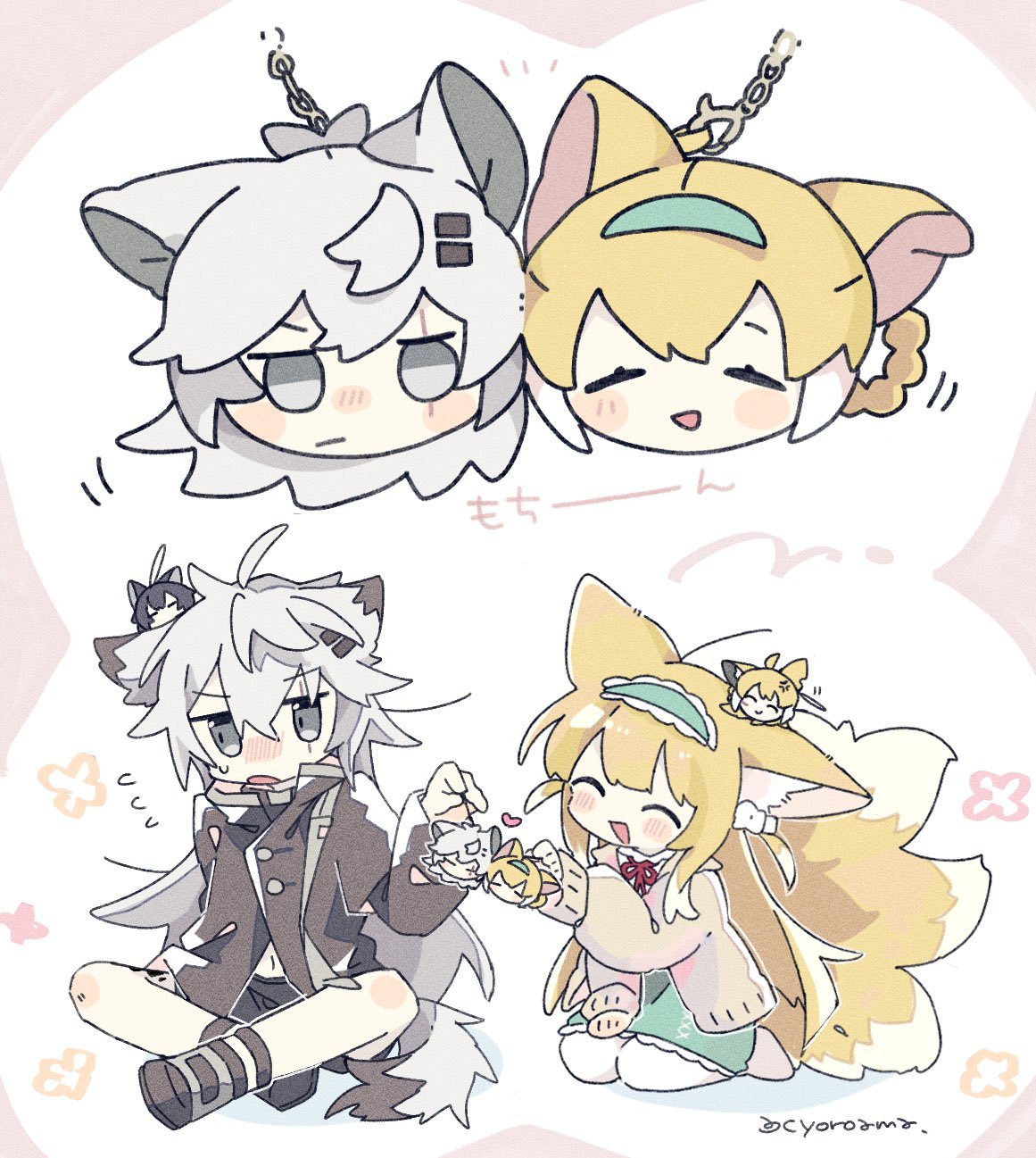naguru (cyoroama), lappland (arknights), suzuran (arknights), suzuran (spring praise) (arknights), arknights, highres, 2girls, animal ear fluff, animal ears, black jacket, blonde hair, blue hairband, closed eyes, fox ears, fox girl, fox tail, grey eyes, hair ornament, hairband, hairclip, jacket, long hair, material growth, multiple girls, multiple tails, official alternate costume, oripathy lesion (arknights), scar, scar across eye, scar on face, tail, wolf ears