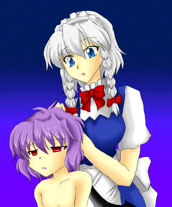 izayoi sakuya, remilia scarlet, touhou, 2girls, adjusting hair, blue eyes, braid, breasts, dress, female focus, gradient background, hair between eyes, maid, multiple girls, red eyes, twin braids, upper body