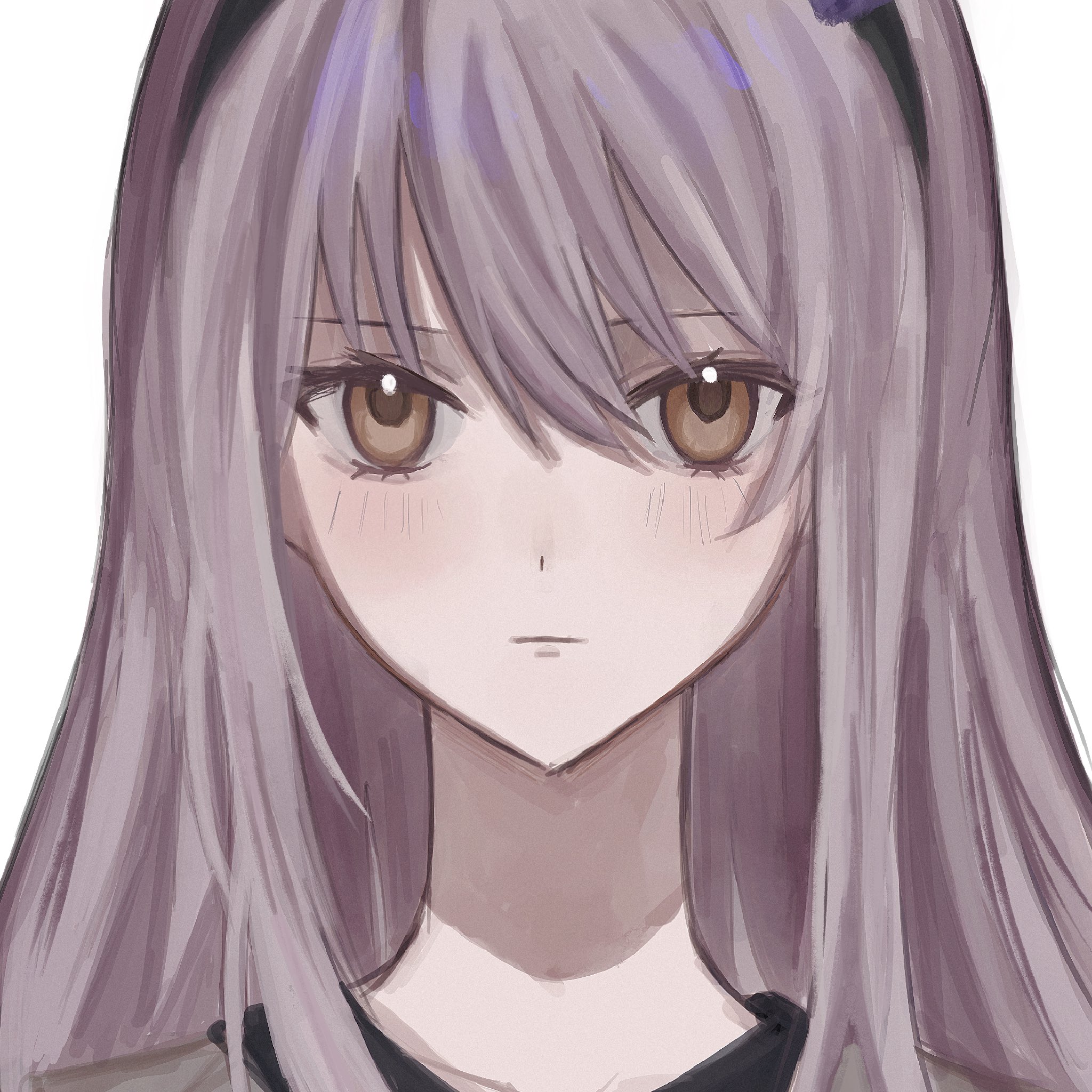minato yukina, bang dream!, highres, 1girl, black hairband, blush, brown eyes, closed mouth, grey hair, hair between eyes, hairband, long hair, portrait, simple background, solo, white background, yu ux xy
