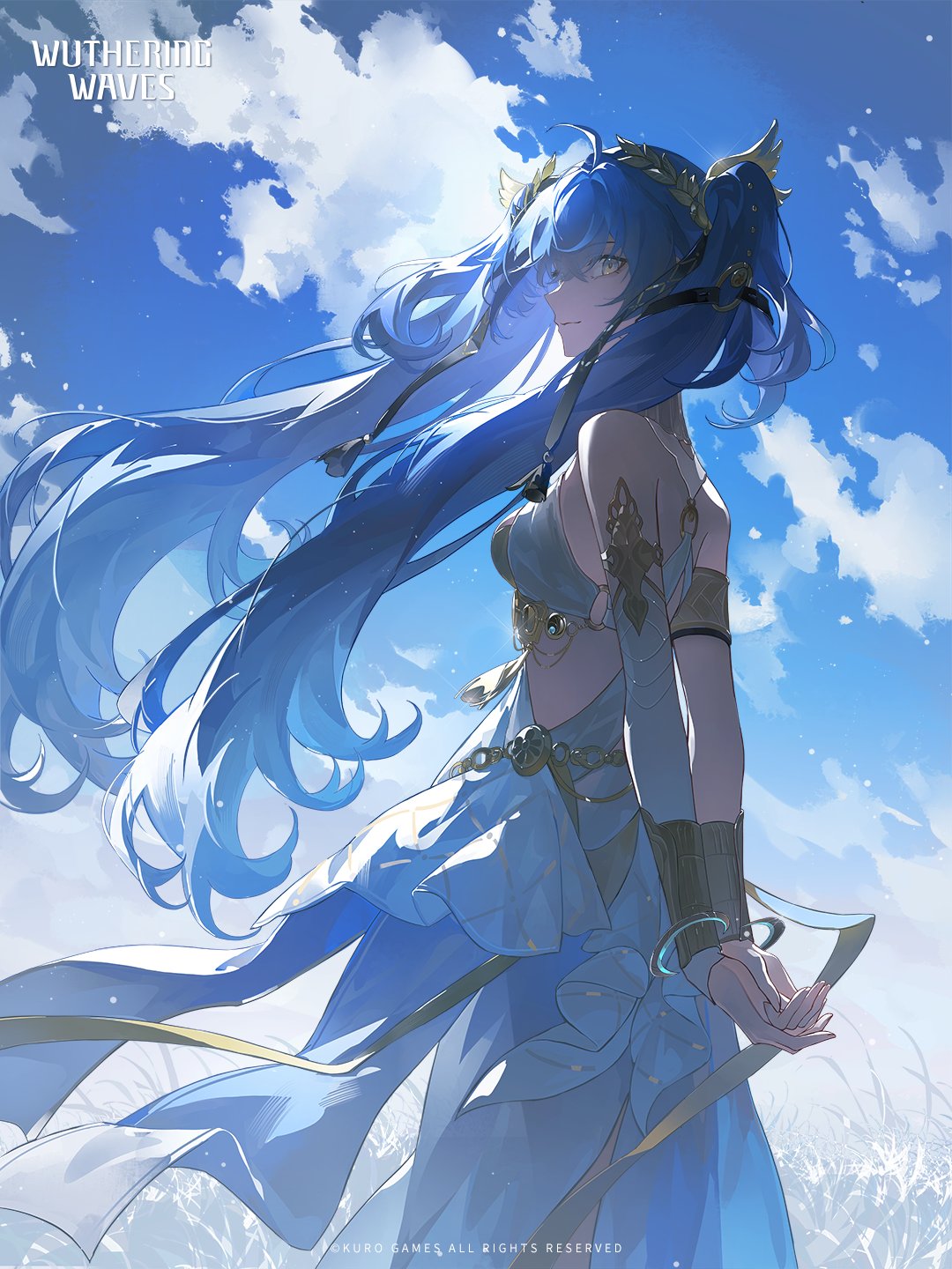 iuno (wuthering waves), wuthering waves, commentary, english commentary, highres, official art, 1girl, ahoge, ancient greek clothes, armlet, arms behind back, bare shoulders, blue eyes, blue sky, breasts, closed mouth, copyright notice, day, from side, gold bra, greco-roman clothes, hair belt, head wreath, jewelry, logo, long hair, looking to the side, medium breasts, outdoors, sky, smile, solo, twintails, very long hair, wind